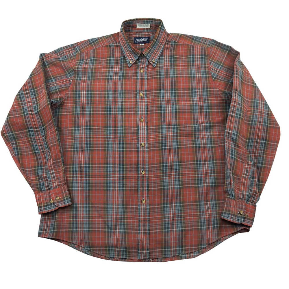 Strawbridge & Clothier Mens Large Plaid Button Down Shirt Red Blue Vintage Rare!